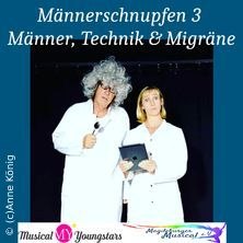Zwei Personen in weißen Kitteln, eine mit grauer Perücke, posieren mit einem Tablet. Hintergrund blau mit Text: "Männerschnupfen 3 - Männer, Technik & Migräne"., © links im Bild Zwei Personen in weißen Kitteln, eine mit grauer Perücke, posieren mit einem Tablet. Hintergrund blau mit Text: "Männerschnupfen 3 - Männer, Technik & Migräne"., © links im Bild