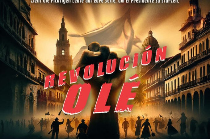 Raised fist in front of a city at sunset, surrounded by people. Lettering 'REVOLUCI&Oacute;N OL&Eacute;' in red. Slogan: 'Get the right people on your side to overthrow El Presidente'., &copy; TeamEscape Stuttgart