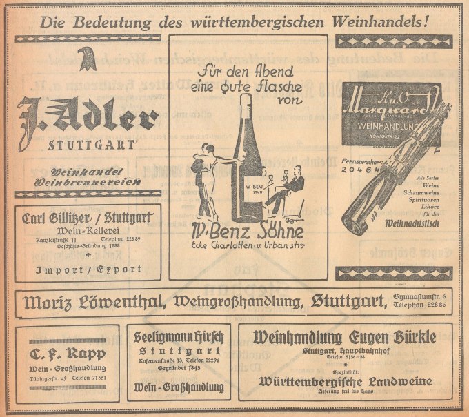 Historische Anzeige von 1926 für Stuttgarter Weinhändler in der Württemberger Zeitung, mit verschiedenen Weinhändlern und deren Angeboten., © Stadtarchiv Stuttgart