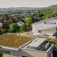 Gebäude mit begrünten Dächern und Weinberge im Hintergrund. Die Stadt erstreckt sich bis zu den Hügeln., © TeamWerk Esslingen Gebäude mit begrünten Dächern und Weinberge im Hintergrund. Die Stadt erstreckt sich bis zu den Hügeln., © TeamWerk Esslingen