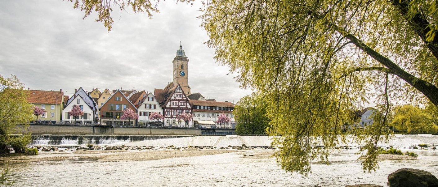 A view of Nürtingen with half-timbered houses and a church tower by the river. Flowering trees and a fish ladder in the foreground., © SMG Stuttgart Marketing GmbH - Sarah Schmid A view of Nürtingen with half-timbered houses and a church tower by the river. Flowering trees and a fish ladder in the foreground., © SMG Stuttgart Marketing GmbH - Sarah Schmid