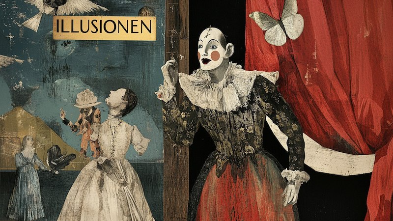 A clown stands in front of red curtains, next to historical figures and birds. A butterfly flies, the title 'Illusions' is visible., &copy; tri-b&uuml;hne e.V.