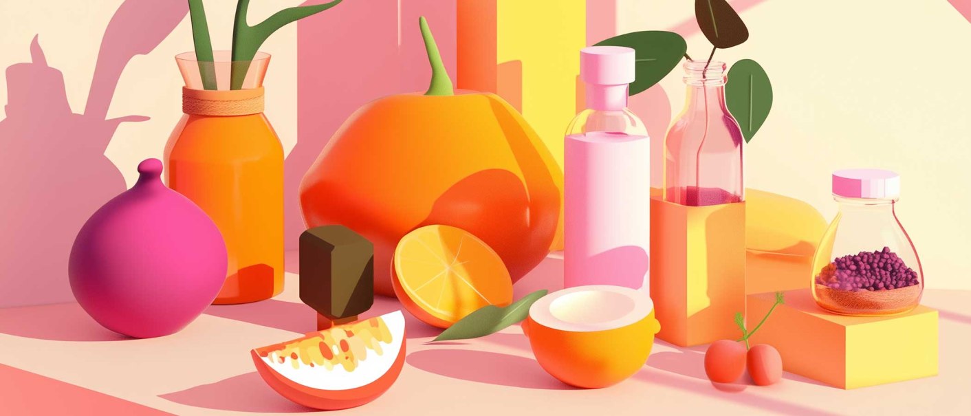Stylized picture with colourful fruits, bottles and geometric shapes in warm colors. Modern, artistic design., © AI-generated