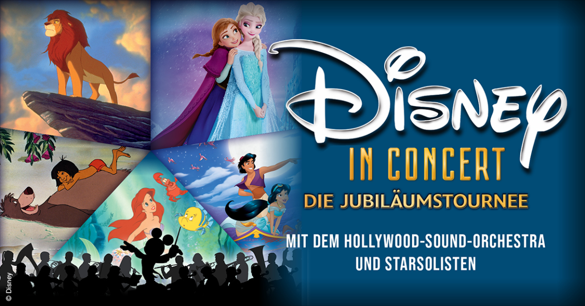 Collage von Disney-Figuren wie Simba, Elsa und Aladdin mit dem Schriftzug 'Disney in Concert - Die Jubil&auml;umstournee'., &copy; links im Bild