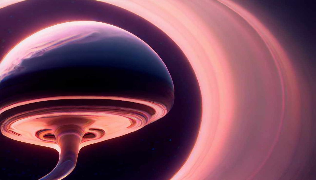 Abstrakte Darstellung eines Planeten mit Ringen und einem spiralf&ouml;rmigen Wirbel in der Mitte. Die Farben sind &uuml;berwiegend rosa und violett., &copy; Damaris Wurster