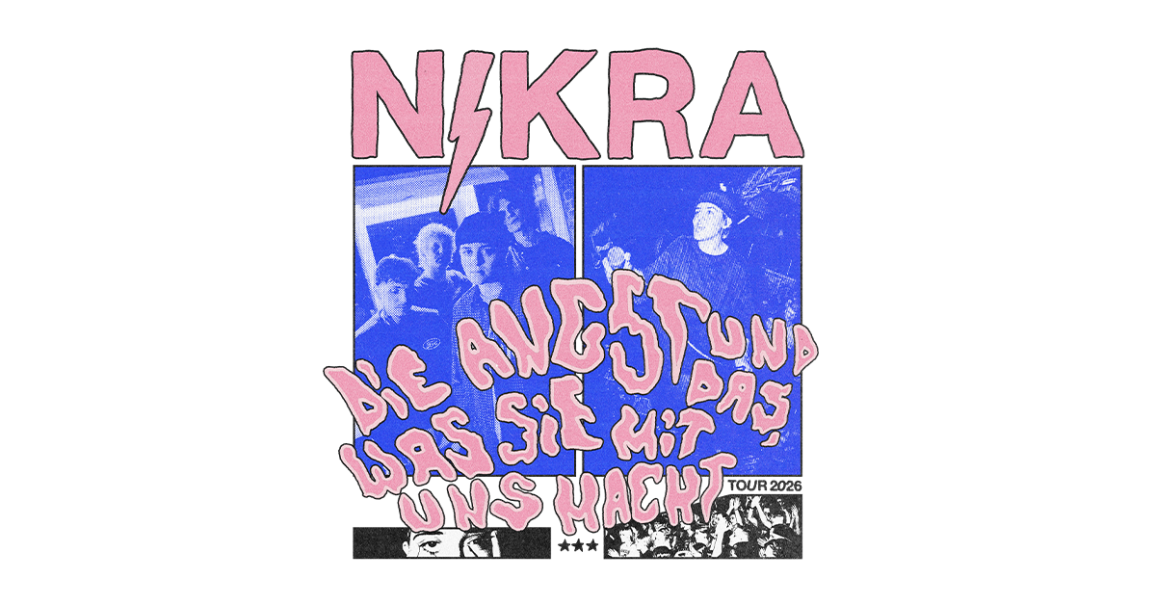 Poster der Band Nikra f&uuml;r die Tour 2026 mit dem Titel 'Die Angst und das, was sie mit uns macht'. Es zeigt Bandmitglieder und eine Menschenmenge., &copy; links im Bild