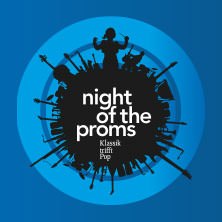 Logo der Night of the Proms 2025: Silhouetten von Instrumenten und Dirigent auf blauem Hintergrund, Text 'Klassik trifft Pop'., © links im Bild Logo der Night of the Proms 2025: Silhouetten von Instrumenten und Dirigent auf blauem Hintergrund, Text 'Klassik trifft Pop'., © links im Bild