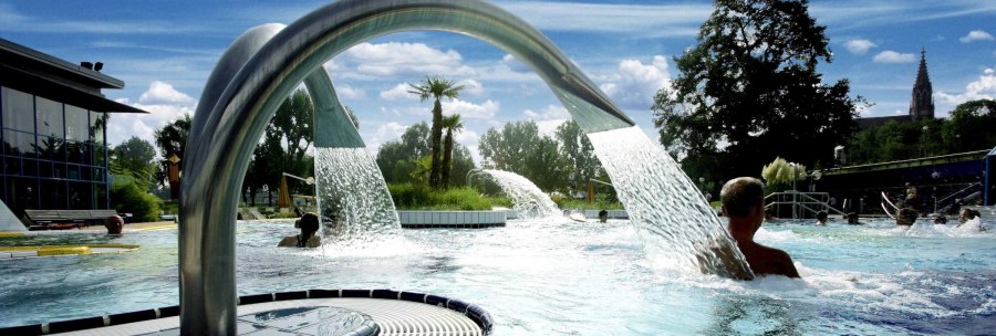 An outdoor pool with water fountains and palm trees, surrounded by trees and a building. People enjoy the water under a blue sky., &copy; Stuttgarter B&auml;der