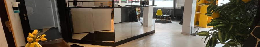 Moderner Empfangsbereich mit Tresen, Stühlen und Pflanzen. Helle Beleuchtung und Dekorationen schaffen eine einladende Atmosphäre., © pause & play Stuttgart