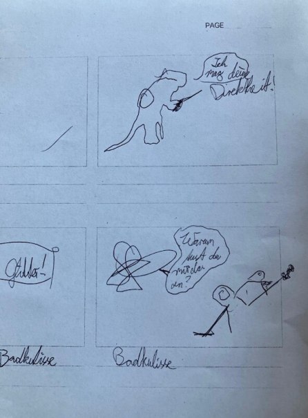 Skizzenhafte Zeichnungen mit Sprechblasen auf einem Blatt. Figuren und Texte wie "Ich mag deine Direktheit!" und "Warum hast du wieder an?" sind zu sehen., © Literaturhaus Stuttgart Skizzenhafte Zeichnungen mit Sprechblasen auf einem Blatt. Figuren und Texte wie "Ich mag deine Direktheit!" und "Warum hast du wieder an?" sind zu sehen., © Literaturhaus Stuttgart
