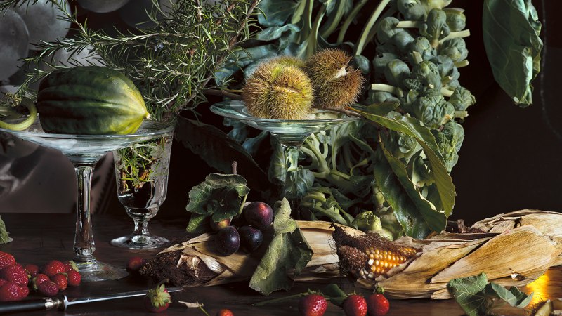 A still life with various vegetables, fruit and herbs on a table. You can see Brussels sprouts, chestnuts, corn, berries and rosemary., &copy; Vera Mercer