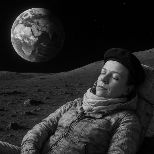 Eine Person in Jacke und Mütze schläft auf der Mondoberfläche, während die Erde im Hintergrund sichtbar ist., © Theater der Altstadt