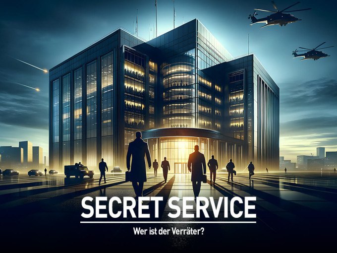 An illuminated building at night, people and helicopter in the foreground. Lettering: SECRET SERVICE - Who is the traitor?, &copy; TeamEscape Stuttgart