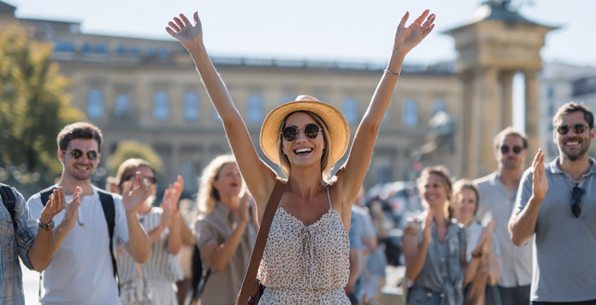 Frau in Sommerkleid und Hut hebt die Arme, umgeben von applaudierenden Menschen auf einem sonnigen Platz., © KI-generiert Frau in Sommerkleid und Hut hebt die Arme, umgeben von applaudierenden Menschen auf einem sonnigen Platz., © KI-generiert
