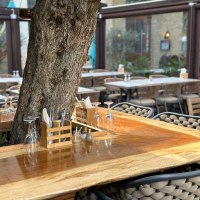 An outdoor restaurant table with a tree in the middle, surrounded by chairs. The table is set with glasses and cutlery., © ©Meze Meze An outdoor restaurant table with a tree in the middle, surrounded by chairs. The table is set with glasses and cutlery., © ©Meze Meze