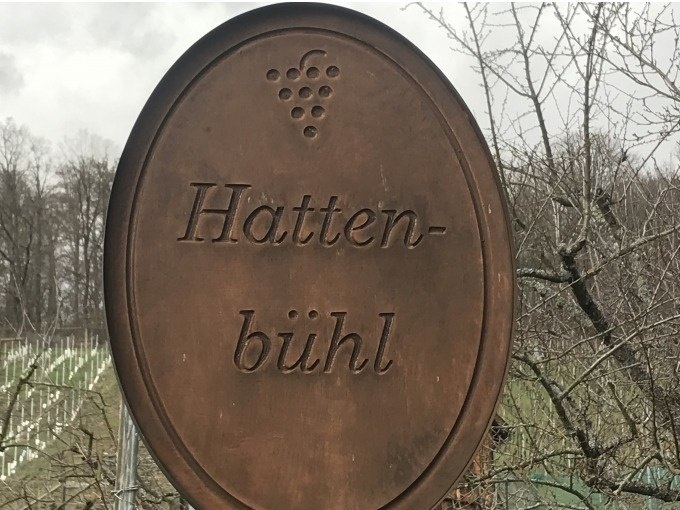 Ein ovales Metallschild mit der Aufschrift 'Hattenbühl' und einer Weintraube, im Hintergrund kahle Bäume und ein Weinberg., © Weingenuss Stuttgart Ein ovales Metallschild mit der Aufschrift 'Hattenbühl' und einer Weintraube, im Hintergrund kahle Bäume und ein Weinberg., © Weingenuss Stuttgart