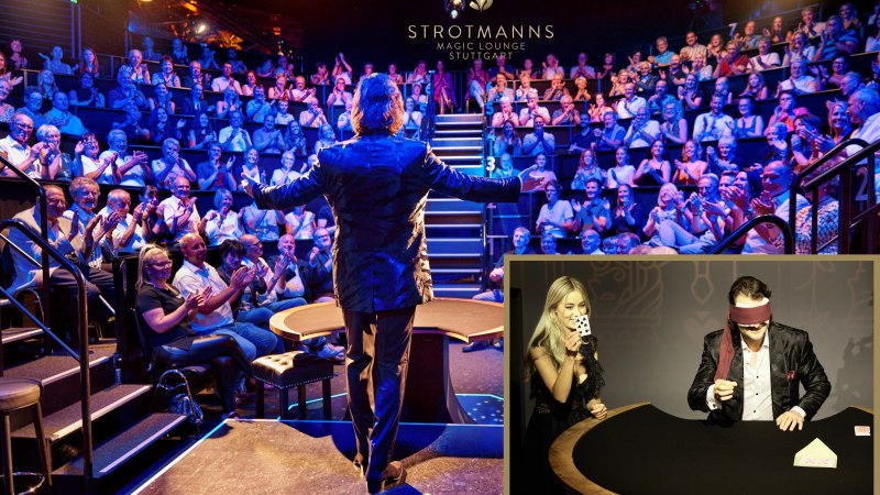Ein Magier in der Strotmanns Magic Lounge Stuttgart vor einem applaudierenden Publikum. Im kleinen Bild zeigt eine Frau eine Karte, w&auml;hrend ein Mann mit Augenbinde am Tisch sitzt., &copy; STROTMANNS Magic Lounge