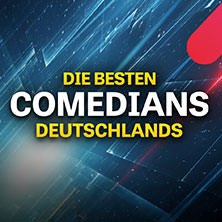 Text 'Die besten Comedians Deutschlands' auf blauem, dynamischem Hintergrund., © links im Bild