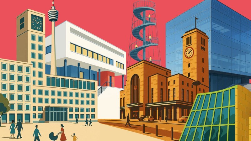 Illustration von Gebäuden in einer Stadt mit modernen und historischen Elementen. Menschen spazieren im Vordergrund. Roter Himmel im Hintergrund., © StadtPalais