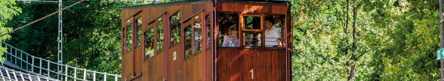 A historic funicular with wooden cladding runs along an inclined track surrounded by dense greenery., © TMBW, Gregor Lengler A historic funicular with wooden cladding runs along an inclined track surrounded by dense greenery., © TMBW, Gregor Lengler