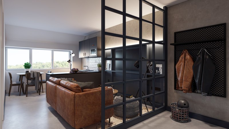 Modernes Loft mit Ledersofa, offener K&uuml;che, Esstisch und gro&szlig;en Fenstern. Eine Glaswand trennt den Eingangsbereich mit Jackenaufh&auml;ngung ab., &copy; CLOUD N&deg;7 LOFTS