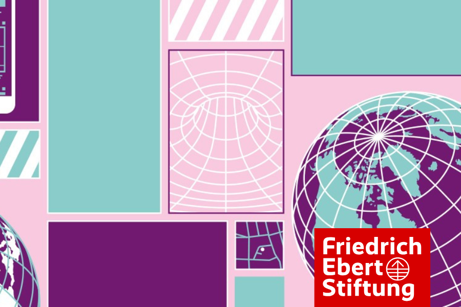 Grafik mit geometrischen Formen, einer Weltkugel und dem Logo der Friedrich Ebert Stiftung. Farben: Lila, Türkis und Rosa., © Malte Reinisch / FES