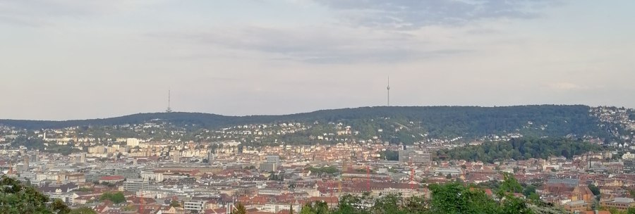 Blick über eine Stadt mit einem Fernsehturm in der Ferne, umgeben von Hügeln und bewaldeten Flächen im Vordergrund., © SMG