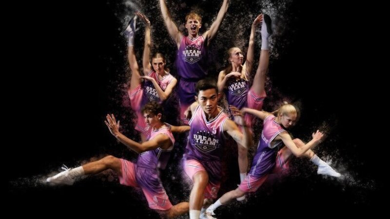 Dancers in purple and pink outfits pose dynamically in front of a black background. The words 'DREAM TEAM' can be seen on the jerseys., &copy; Theaterhaus Stuttgart e.V.
