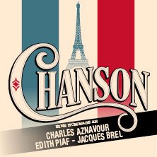 Graphic with the word 'Chanson' against a background in the colors of the French flag. The Eiffel Tower can be seen in the background, with the names of famous chansonniers below., &copy; links im Bild