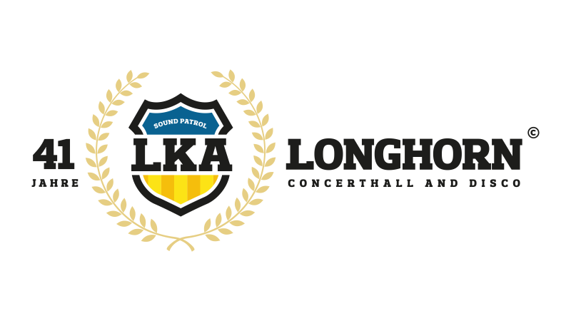 Logo des LKA Longhorn zum 41-j&auml;hrigen Jubil&auml;um. Es zeigt ein Schild mit der Aufschrift 'LKA Sound Patrol' und Lorbeerkr&auml;nzen., &copy; Lka-Longhorn GmbH