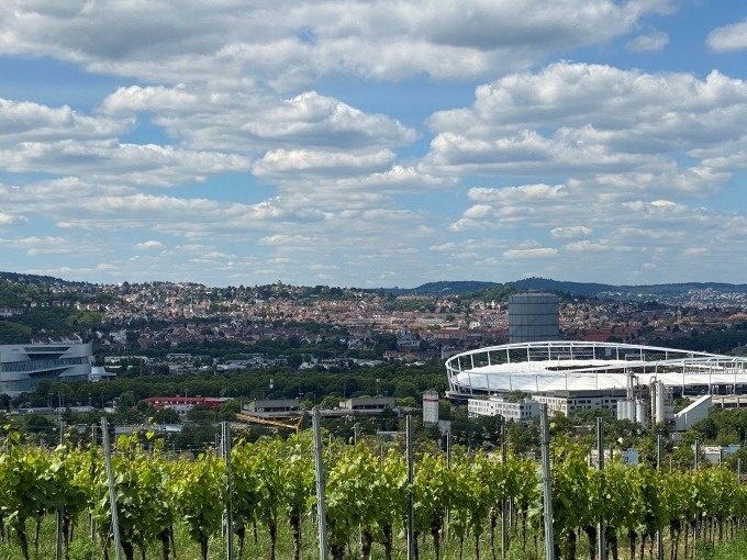 Weinberge im Vordergrund, dahinter ein Stadion und die Stadt Stuttgart unter einem bew&ouml;lkten Himmel., &copy; Weingenuss Stuttgart