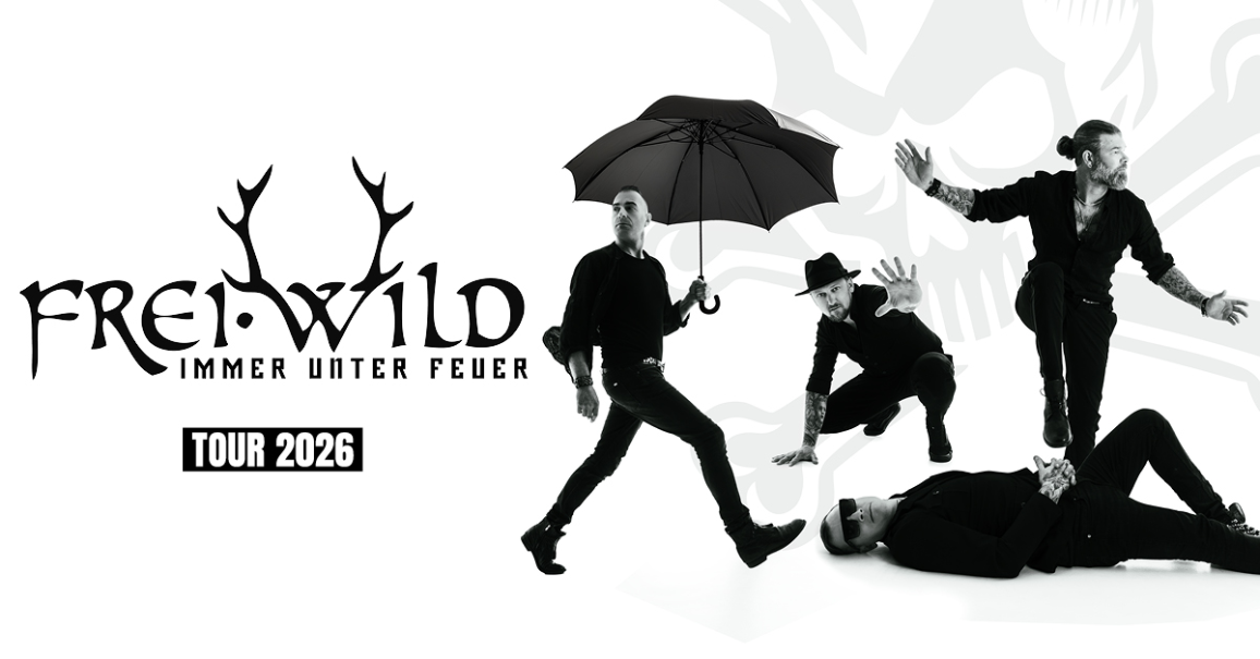 Schwarz-wei&szlig;es Poster der Band Frei.Wild f&uuml;r die Tour 2026. Vier Mitglieder in dynamischen Posen, einer h&auml;lt einen Regenschirm., &copy; links im Bild