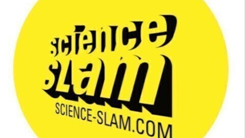 Gelbes Logo des Science Slam mit schwarzem Text und der Website science-slam.com., &copy; Theaterhaus Stuttgart e.V.
