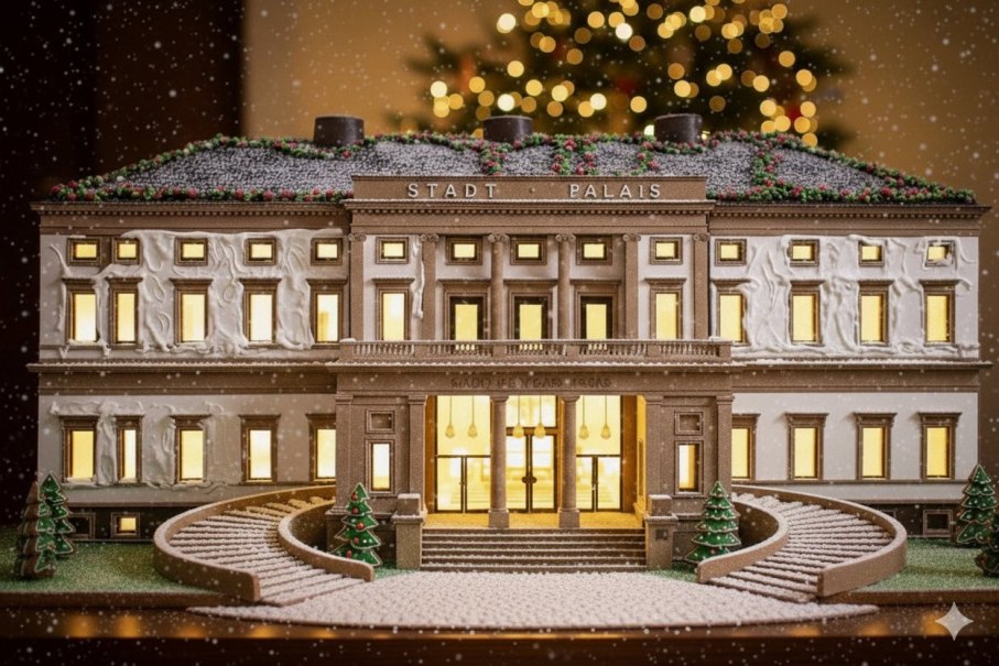 Gingerbread model of a city palace with illuminated windows, staircases and Christmas decorations. In the background, a blurred Christmas tree., © StafdtPalais Museum für Stuttgart Gingerbread model of a city palace with illuminated windows, staircases and Christmas decorations. In the background, a blurred Christmas tree., © StafdtPalais Museum für Stuttgart