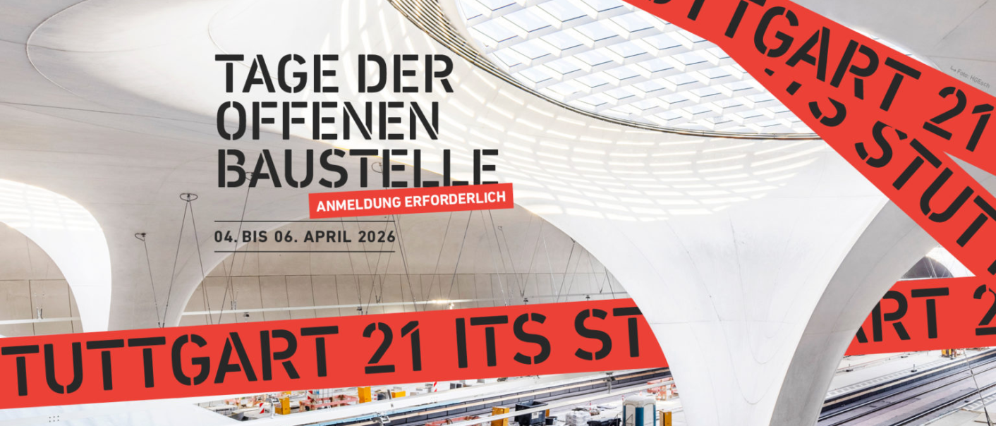 Moderne Baustelle mit wei&szlig;en Strukturen und Lichtaugen. Text informiert &uuml;ber Tage der offenen Baustelle vom 04. bis 06. April 2026, Anmeldung erforderlich., &copy; InfoTurmStuttgart