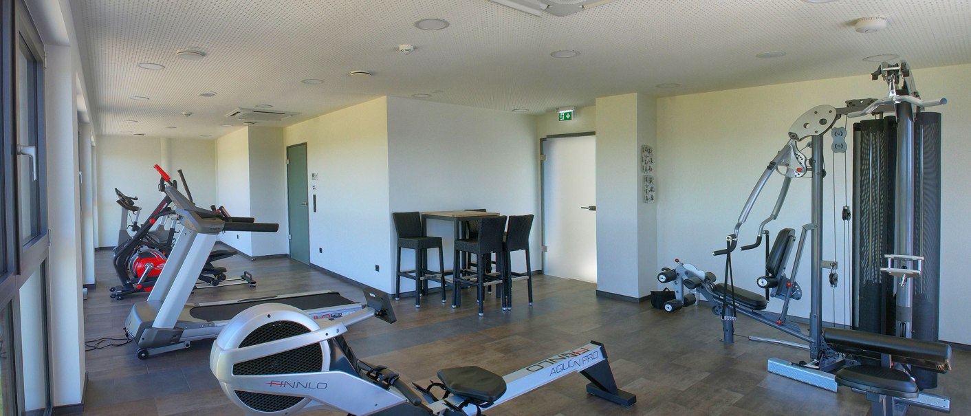 A modern fitness room with treadmill, rowing machine, weight station and bar table with chairs. Bright walls and large windows provide plenty of light., © TOMAS