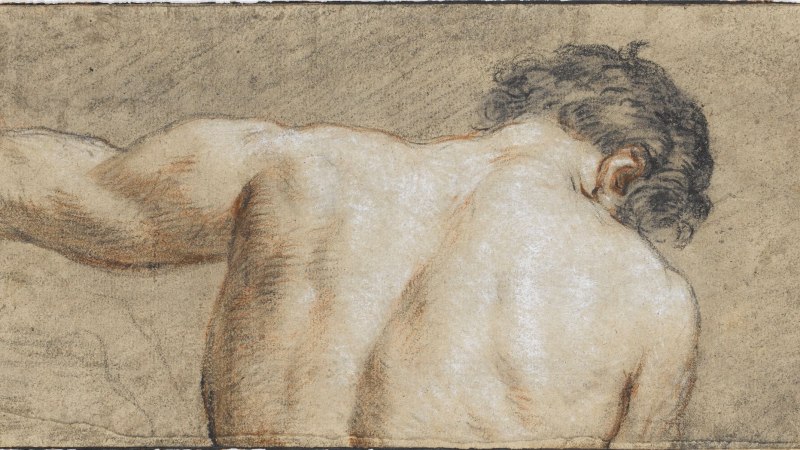 Zeichnung eines männlichen Rückens mit ausgestrecktem linken Arm, detailliert und in natürlichen Farben gehalten. Kunstwerk von Michel-François Dandré-Bardon., © Staatsgalerie Stuttgart Zeichnung eines männlichen Rückens mit ausgestrecktem linken Arm, detailliert und in natürlichen Farben gehalten. Kunstwerk von Michel-François Dandré-Bardon., © Staatsgalerie Stuttgart