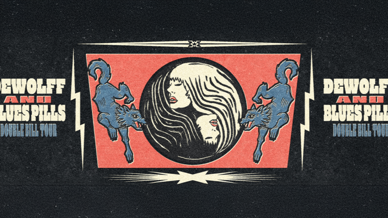 Poster der Dewolff & Blues Pills Double Bill Tour 2026. Es zeigt stilisierte blaue W&ouml;lfe und Gesichter auf einem roten Hintergrund., &copy; links im Bild