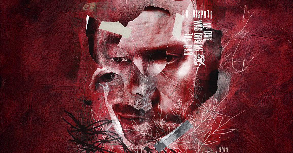 Abstraktes Gesicht auf rotem Hintergrund mit Texten zur La Dispute Tour. K&uuml;nstlerische Collage mit &uuml;berlagerten Elementen und Texturen., &copy; links im Bild