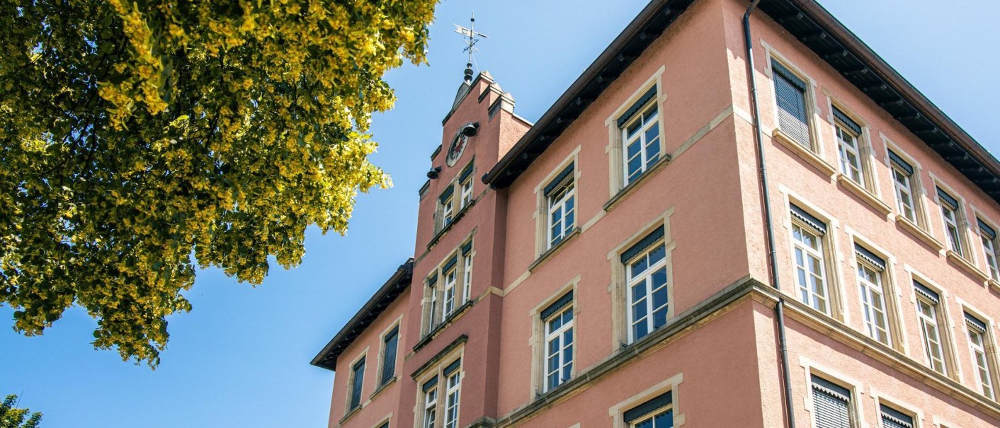 A pink building with a clock tower and windows, next to it a tree with green leaves under a blue sky., © Stuttgart-Marketing GmbH, Sarah Schmid A pink building with a clock tower and windows, next to it a tree with green leaves under a blue sky., © Stuttgart-Marketing GmbH, Sarah Schmid