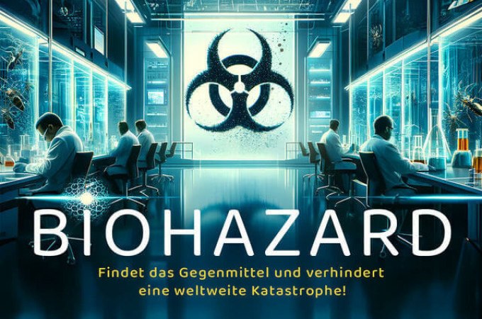 Labor mit Wissenschaftlern, die an Tischen arbeiten. Ein großes Biohazard-Symbol ist an der Wand zu sehen. Text: "BIOHAZARD - Findet das Gegenmittel und verhindert eine weltweite Katastrophe!", © TeamEscape Stuttgart