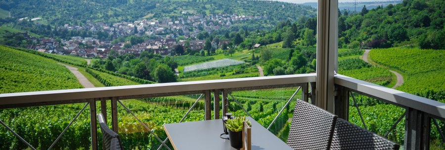 Terrasse mit Tisch und St&uuml;hlen, Blick auf gr&uuml;ne Weinberge und ein Dorf im Hintergrund. Sonniger Tag, klare Sicht auf die Landschaft., &copy; Rotenberger Weing&auml;rtle, Frederik Garlin