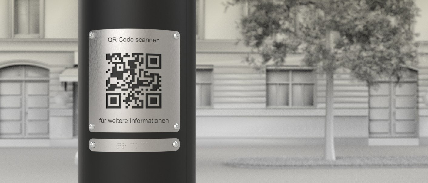 Metalltafel mit QR-Code und Braille-Beschriftung, © SMG