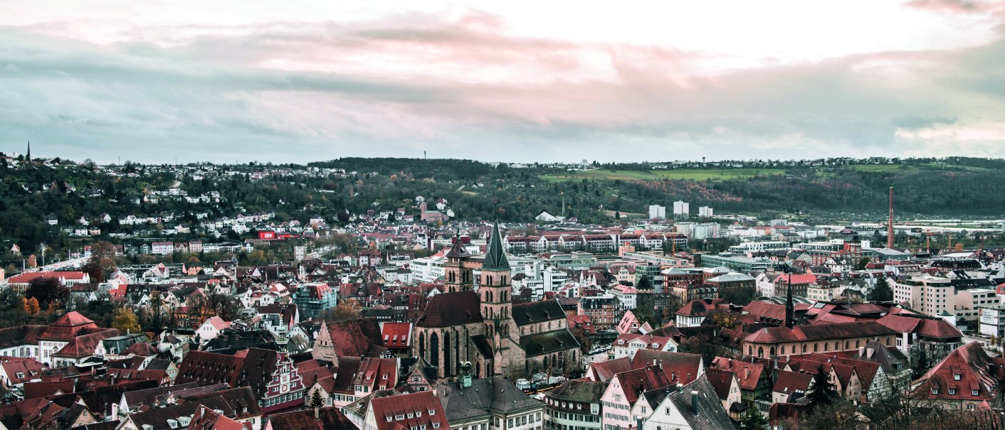 A panoramic view of Esslingen from the castle, with red roofs, a church, and green hills in the background under a cloudy sky., © Esslingen Markt und Event GmbH (EME) A panoramic view of Esslingen from the castle, with red roofs, a church, and green hills in the background under a cloudy sky., © Esslingen Markt und Event GmbH (EME)