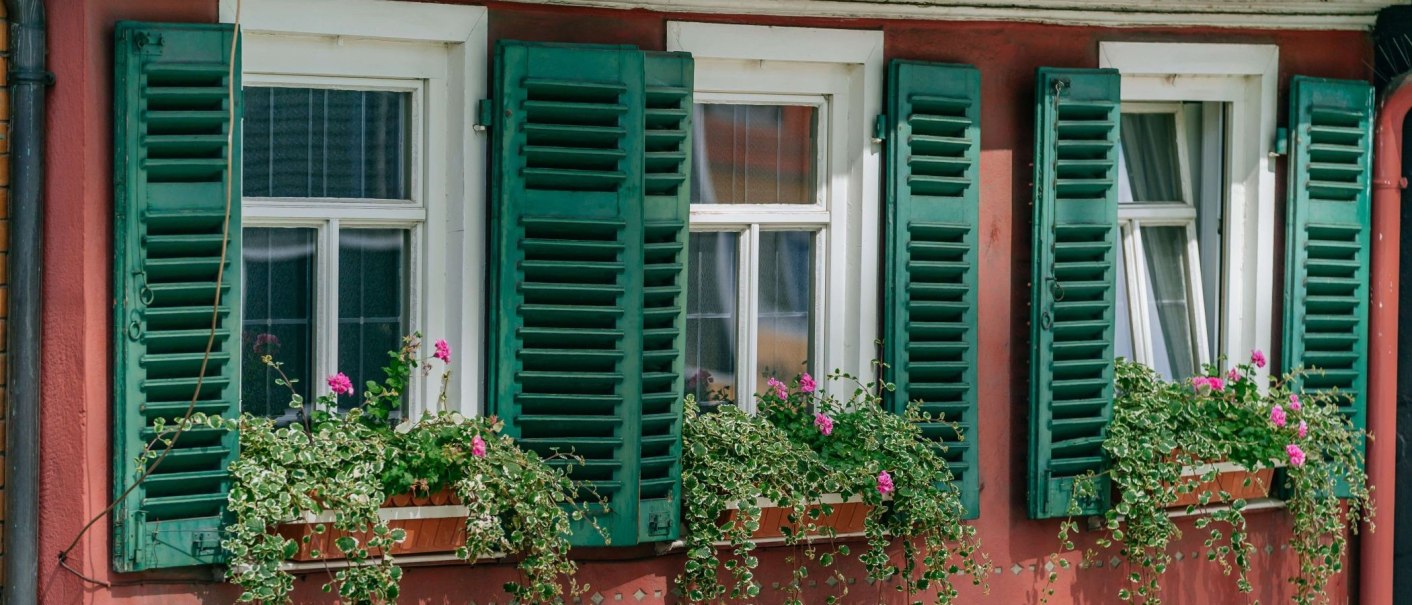 Drei Fenster mit grünen Fensterläden und Blumenkästen voller Pflanzen und rosa Blumen an einer roten Hauswand., © Thomas Niedermüller Drei Fenster mit grünen Fensterläden und Blumenkästen voller Pflanzen und rosa Blumen an einer roten Hauswand., © Thomas Niedermüller