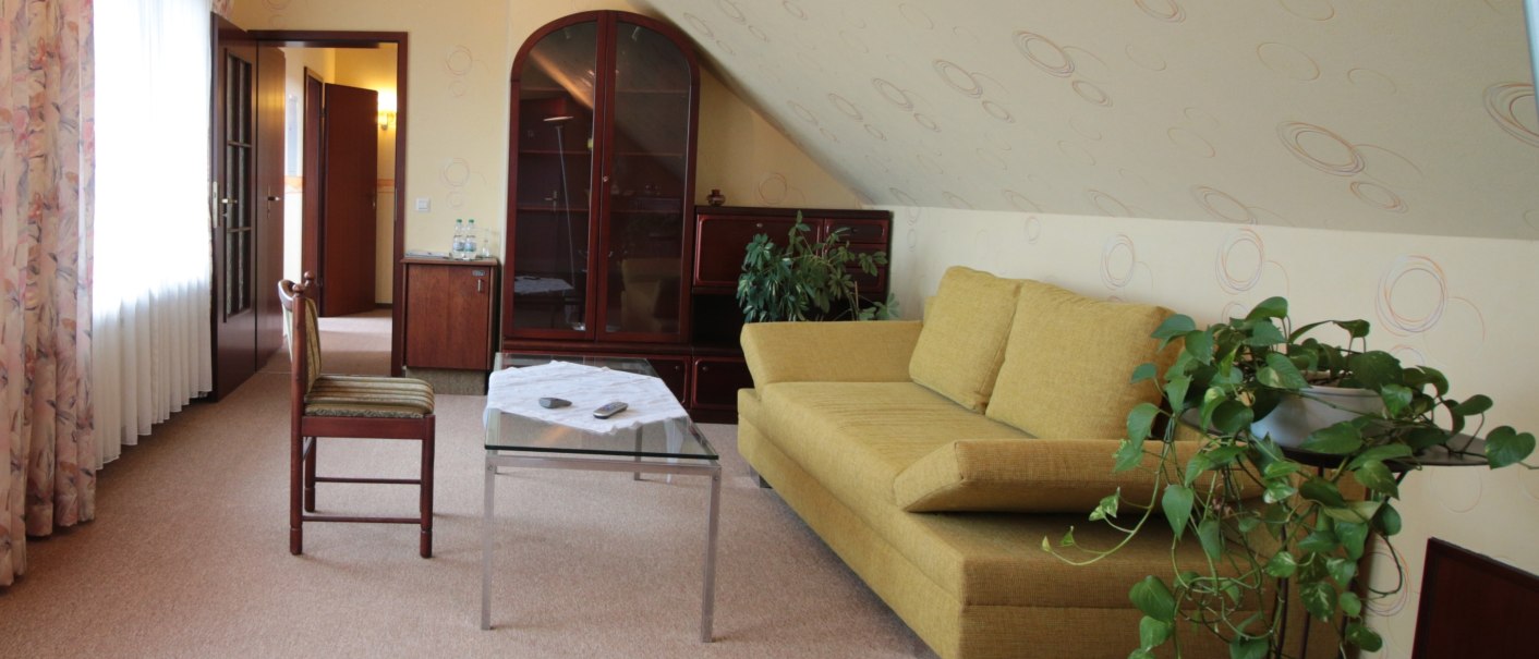 Wohnbereich mit gelbem Sofa, Glastisch, Stuhl und Pflanzen unter Dachschräge. Helle Wände mit Kreismuster, Teppichboden und große Fenster mit Vorhängen., © TOMAS Wohnbereich mit gelbem Sofa, Glastisch, Stuhl und Pflanzen unter Dachschräge. Helle Wände mit Kreismuster, Teppichboden und große Fenster mit Vorhängen., © TOMAS