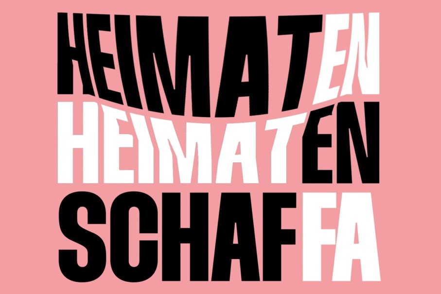 Grafik mit dem Wort 'Heimaten' in verzerrter Schrift auf rosa Hintergrund., © StadtPalais