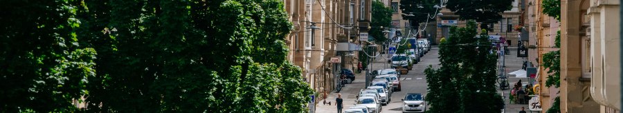 Eine belebte Stadtstra&szlig;e mit geparkten Autos, alten Geb&auml;uden und B&auml;umen. Im Hintergrund sind H&uuml;gel und weitere H&auml;user zu sehen., &copy; Thomas Niederm&uuml;ller