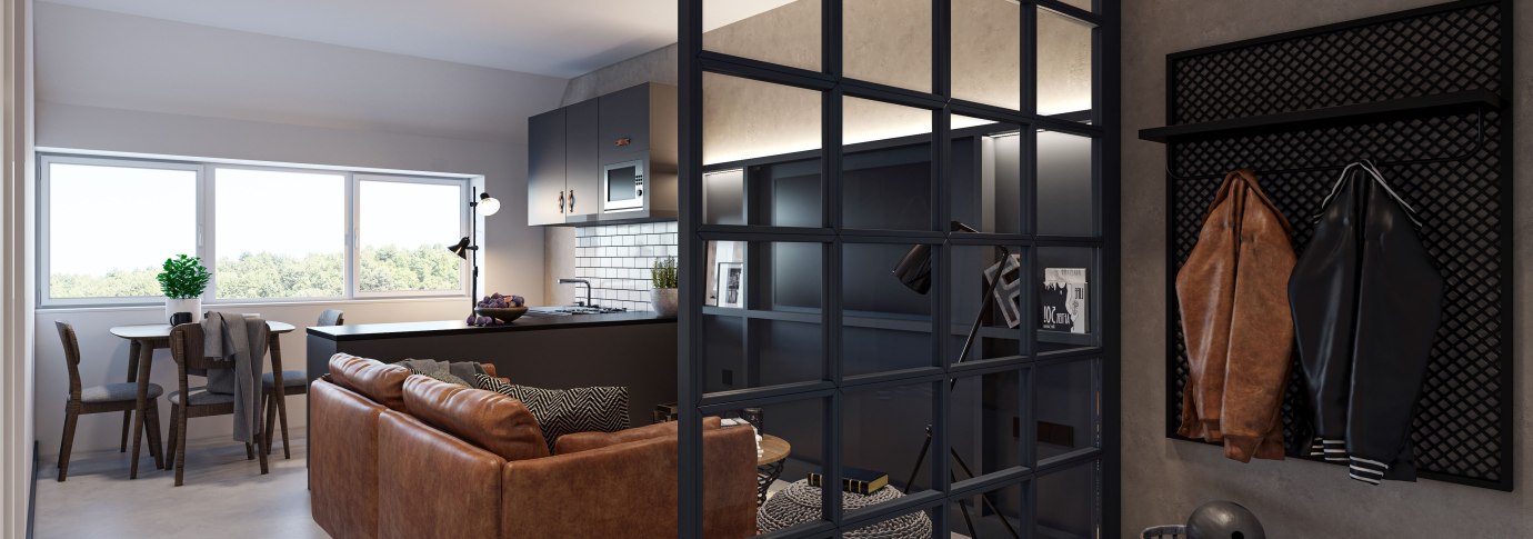 Modernes Loft mit Ledersofa, offener Küche, Esstisch und großen Fenstern. Eine Glaswand trennt den Eingangsbereich mit Jackenaufhängung ab., © CLOUD N°7 LOFTS