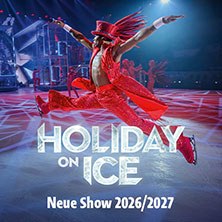 A figure skater in an eye-catching red costume jumps on the ice rink. Colorful light effects can be seen in the background. Text: Holiday on Ice - New show 2026/2027., &copy; see on the left